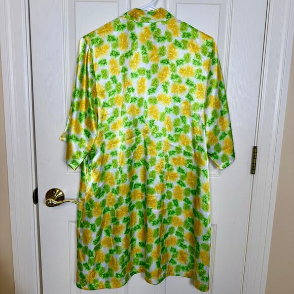 VTG Private Luxuries Natori Nightgown Floral Satin Zip Front Lounge Yellow Green - Picture 4 of 5